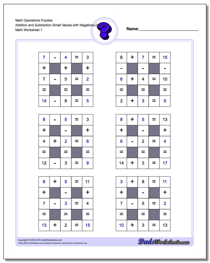 Number Grid Puzzle Math Operations Addition and Subtraction Small Values with Negatives (Hardest)