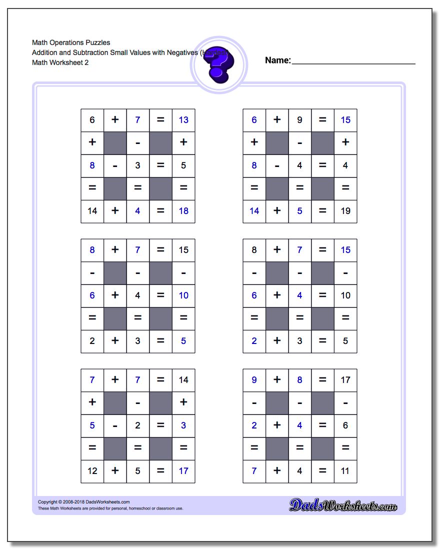 Math Operations Puzzle Addition and Subtraction Small Values with Negatives (Hardest) www.dadsworksheets.com/worksheets/number-grid-puzzles.html