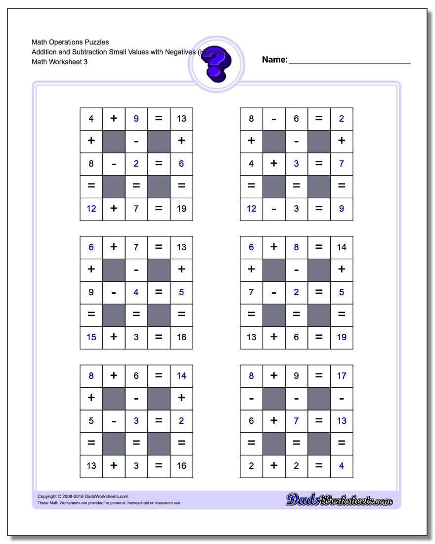 Math Operations Puzzle Addition and Subtraction Small Values with Negatives (Hardest)