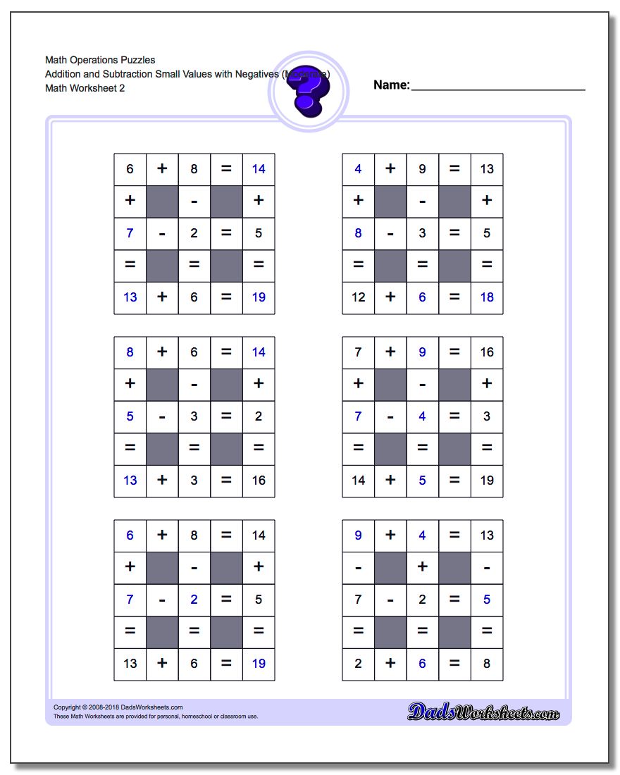 Math Operations Puzzle Addition and Subtraction Small Values with Negatives (Moderate) www.dadsworksheets.com/worksheets/number-grid-puzzles.html