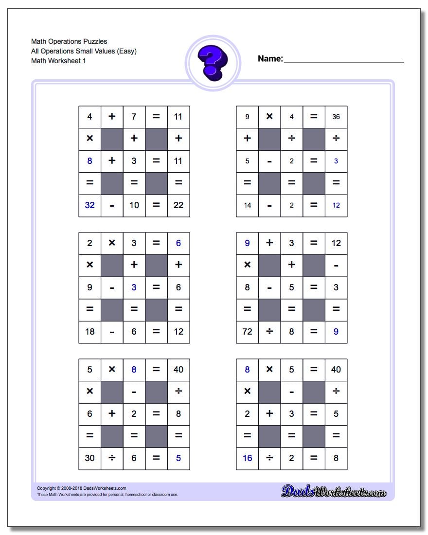 All Operations logic puzzles with Missing Values (Small) Number Grid Puzzle
