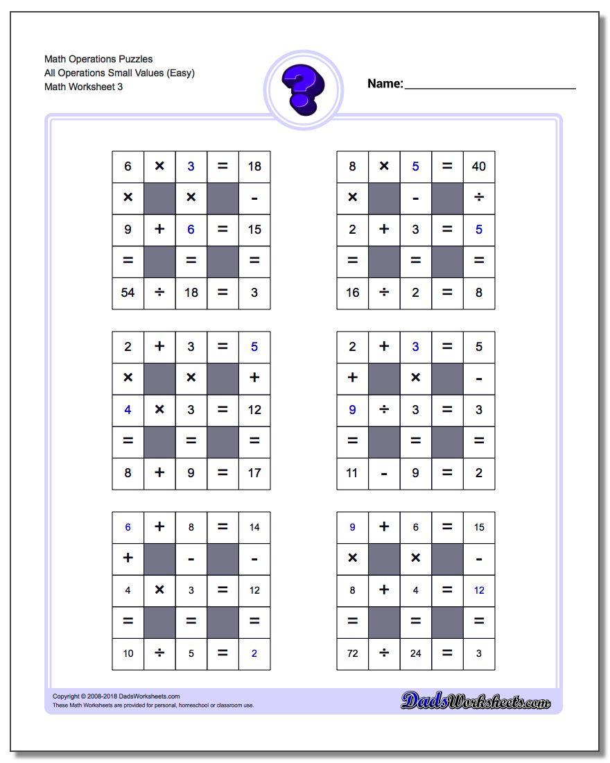 Math Operations Puzzle All Operations Small Values (Easy)