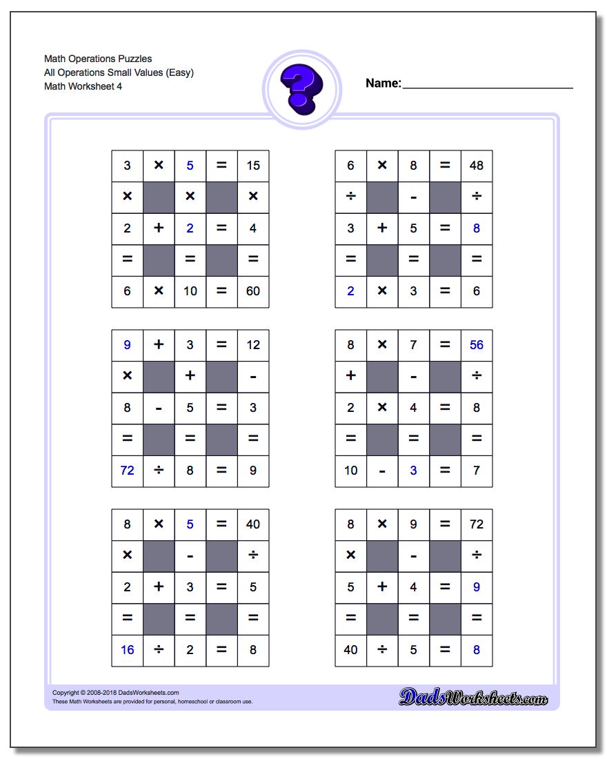Math Operations Puzzle All Operations Small Values (Easy)