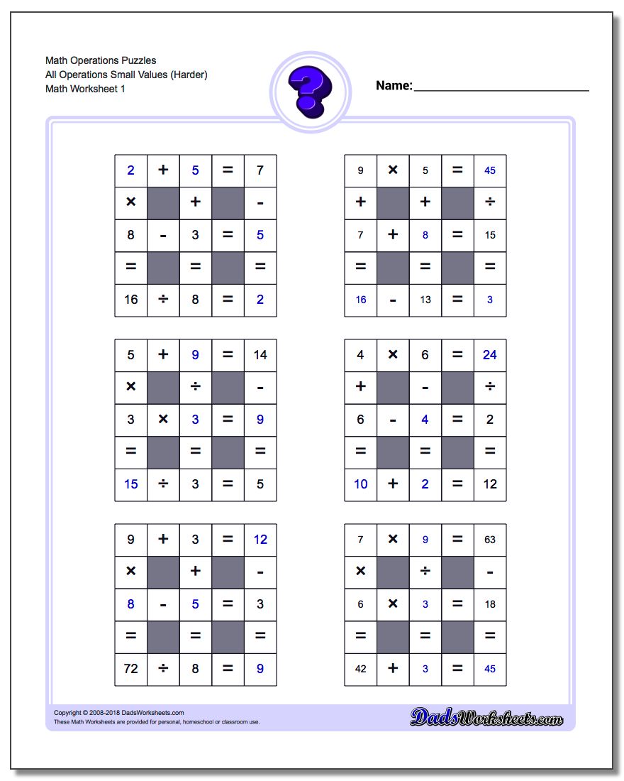 Number Grid Puzzle Math Operations All Operations Small Values (Harder)