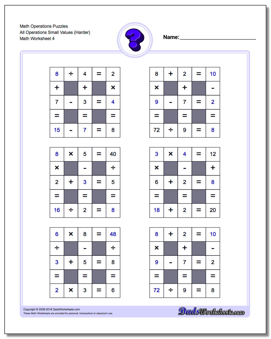 Math Operations Puzzle All Operations Small Values (Harder)