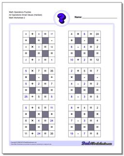 Math Operations Puzzle All Operations Small Values (Hardest) /worksheets/number-grid-puzzles.html