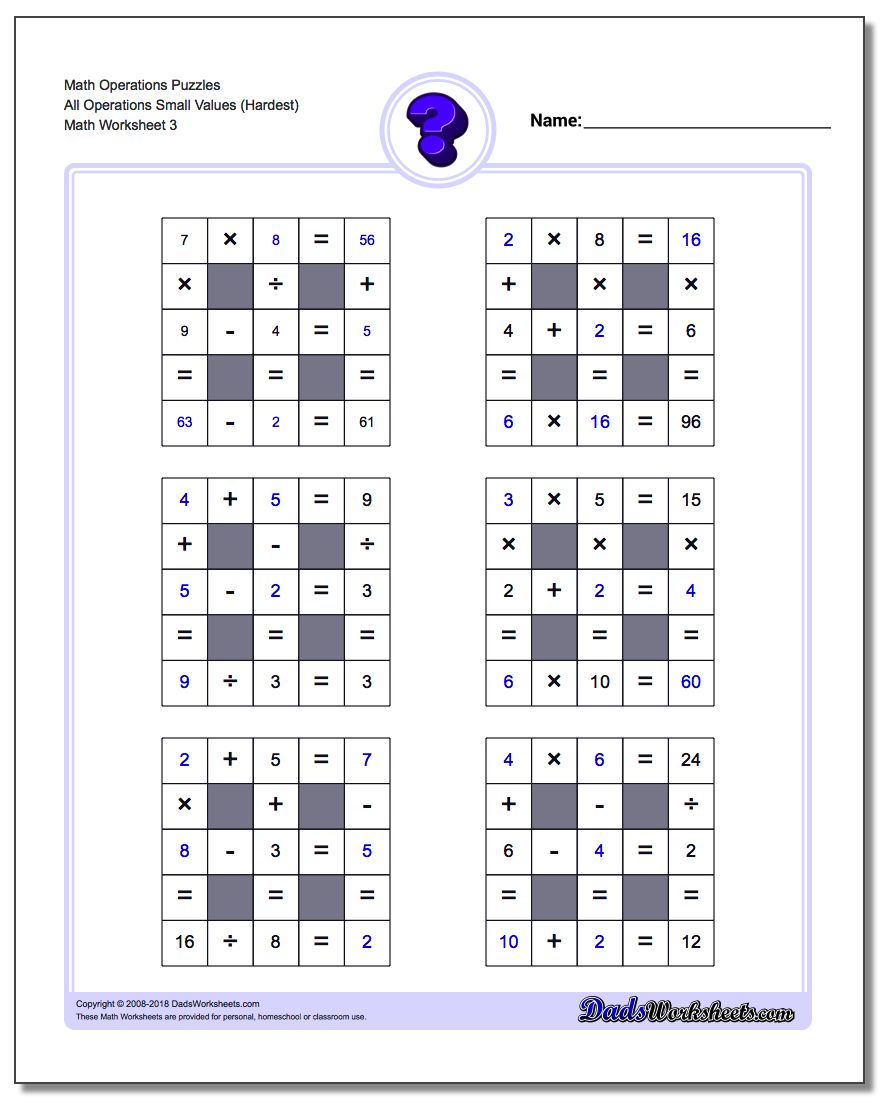 Math Operations Puzzle All Operations Small Values (Hardest)