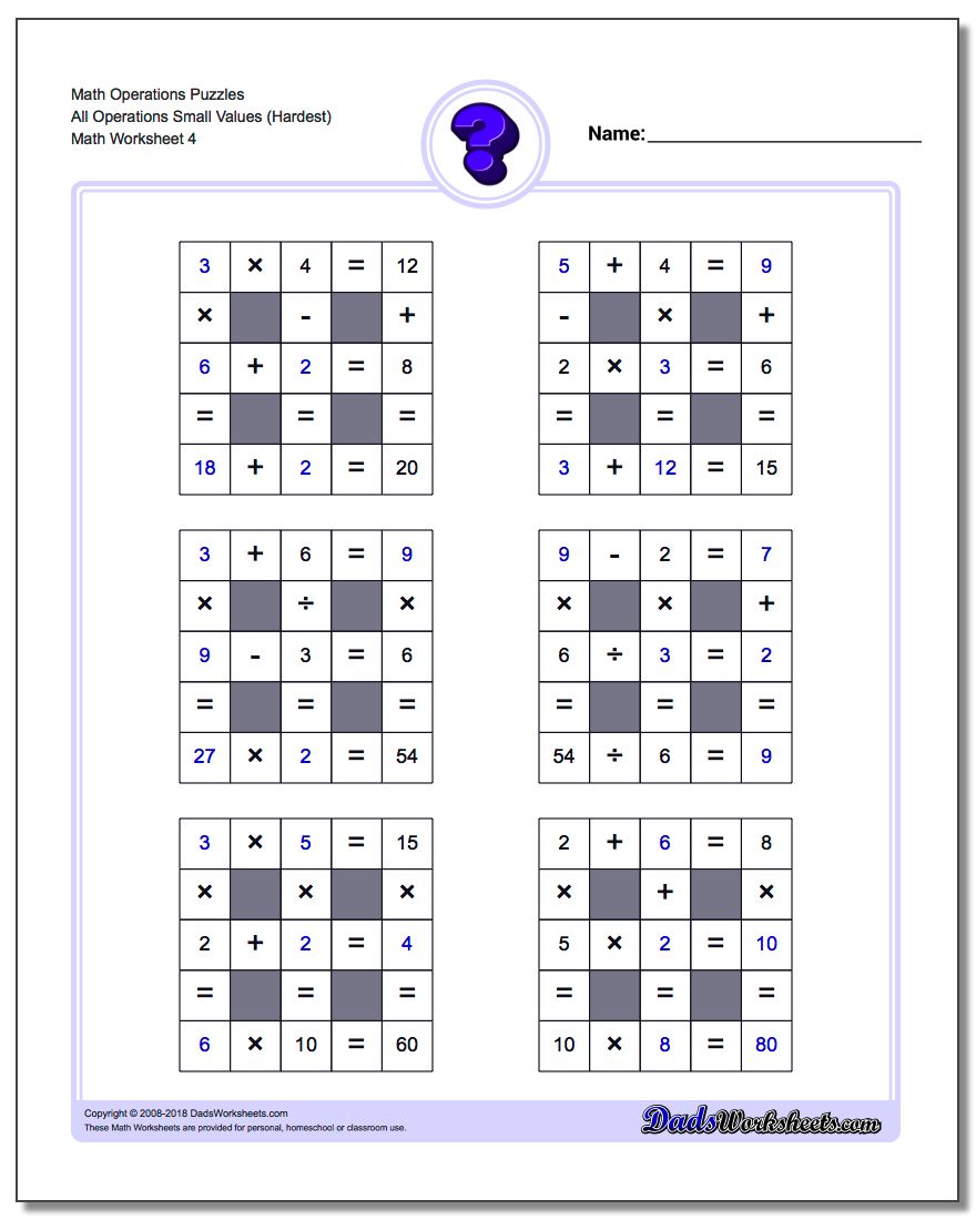 Math Operations Puzzle All Operations Small Values (Hardest)