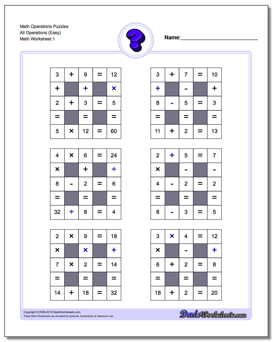 All Operations logic puzzleswith Missing Operations (Small) Number Grid Puzzle