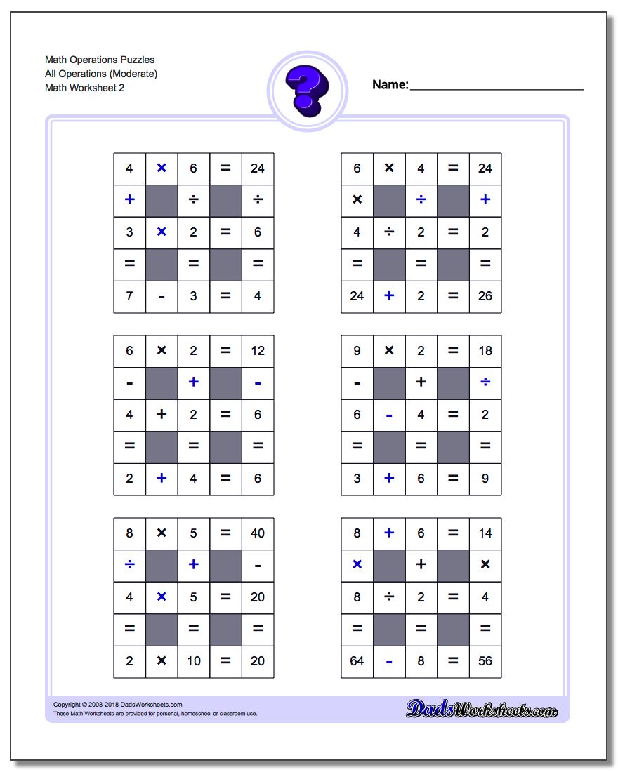 Math Operations Puzzle All Operations (Moderate) www.dadsworksheets.com/worksheets/number-grid-puzzles.html
