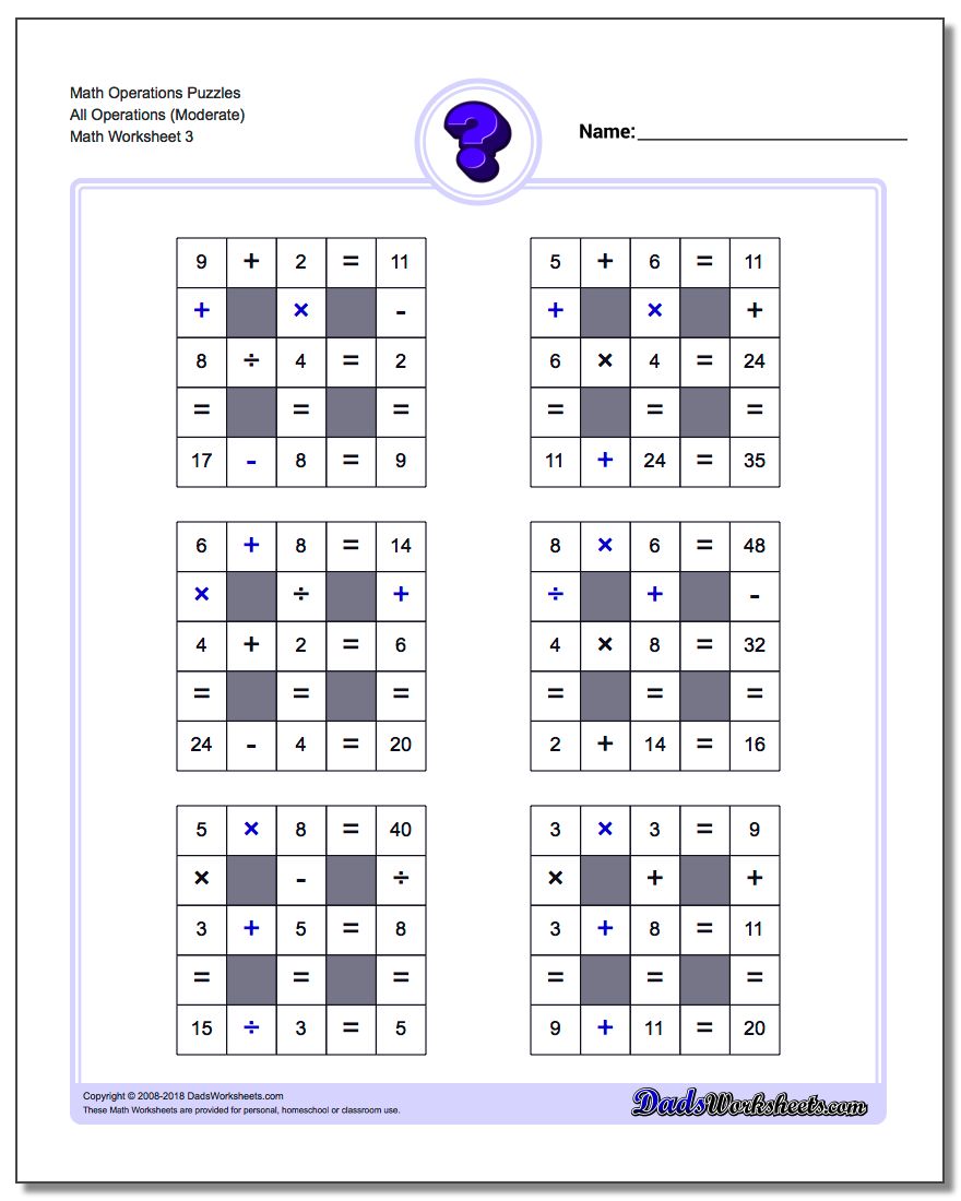 Math Operations Puzzle All Operations (Moderate)