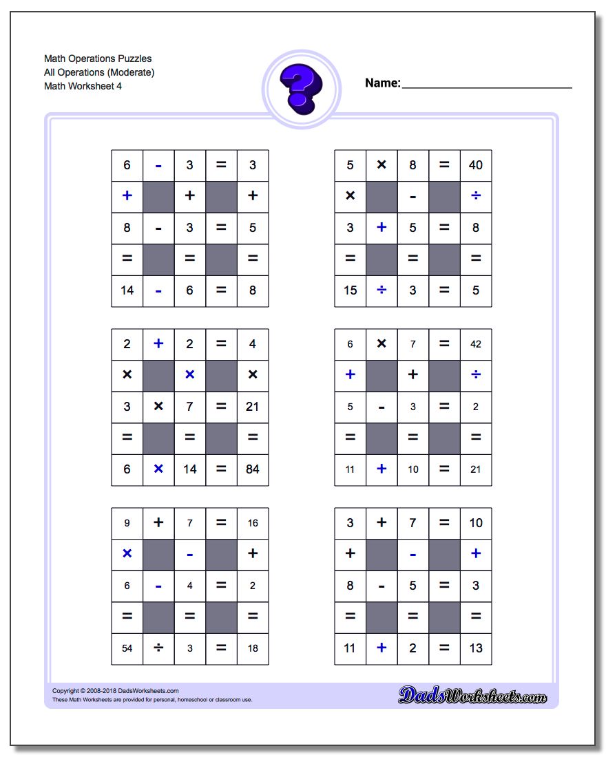 Math Operations Puzzle All Operations (Moderate)