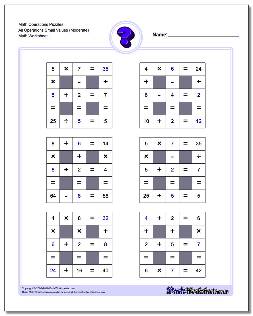 Number Grid Puzzle Math Operations All Operations Small Values (Moderate)