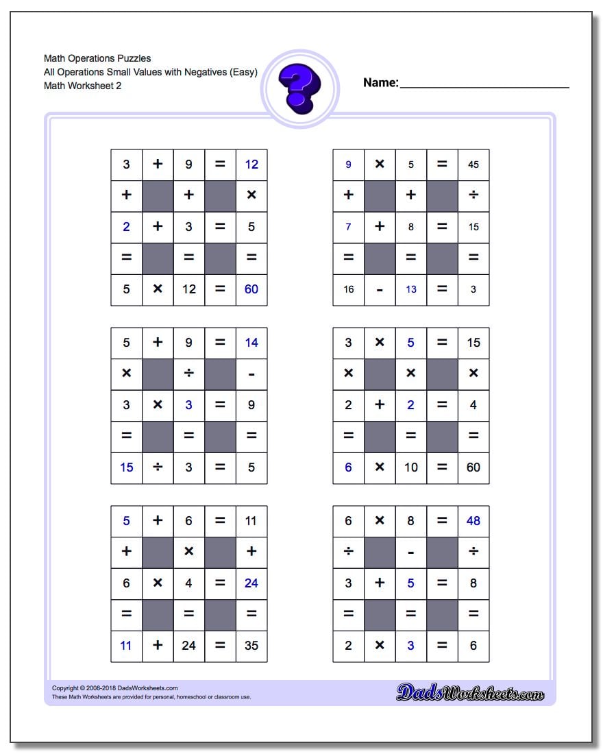 Math Operations Puzzle All Operations Small Values with Negatives (Easy) www.dadsworksheets.com/worksheets/number-grid-puzzles.html