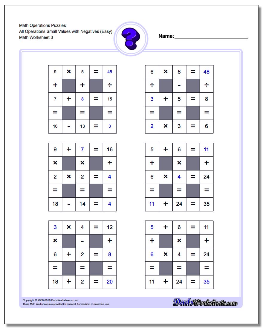 Math Operations Puzzle All Operations Small Values with Negatives (Easy)
