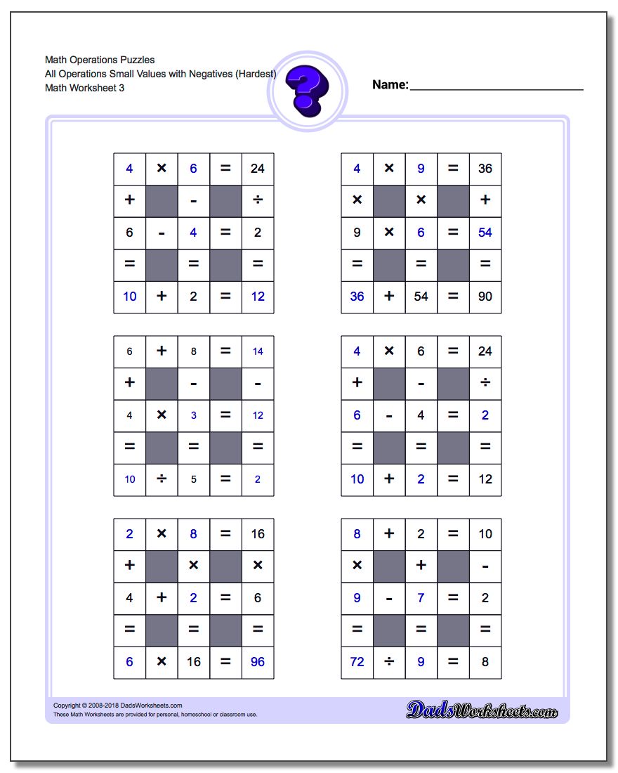 Math Operations Puzzle All Operations Small Values with Negatives (Hardest)