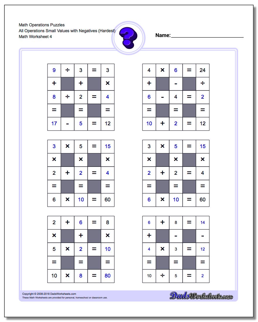 Math Operations Puzzle All Operations Small Values with Negatives (Hardest)