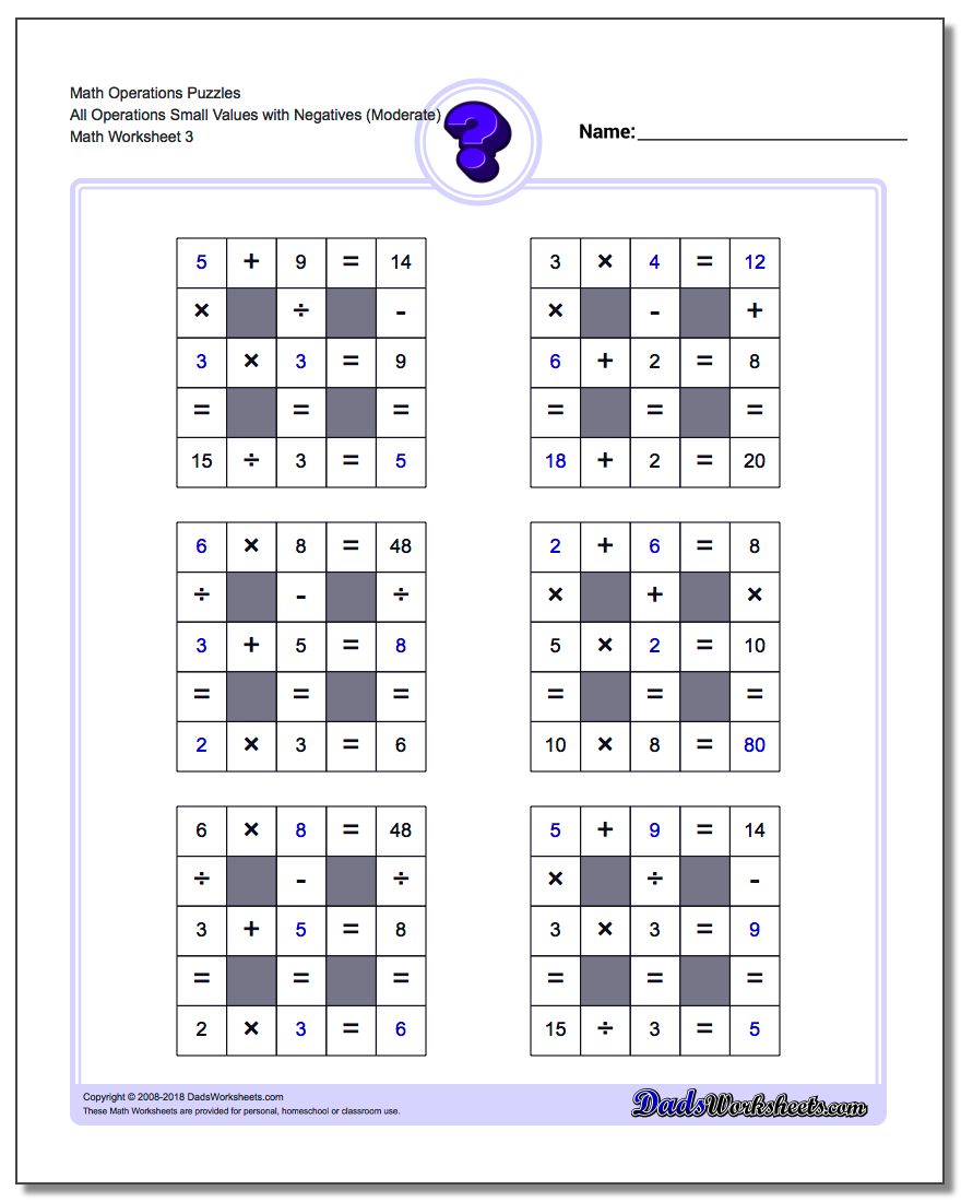 Math Operations Puzzle All Operations Small Values with Negatives (Moderate)