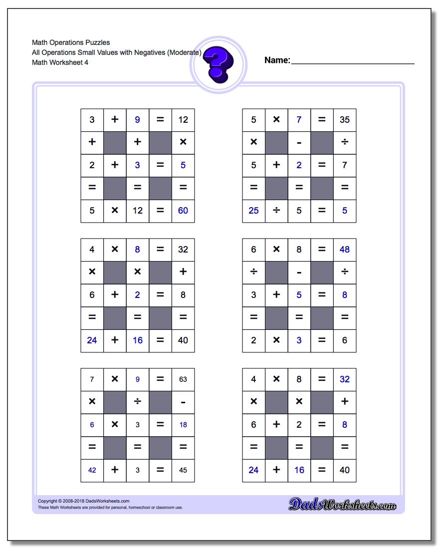 Math Operations Puzzle All Operations Small Values with Negatives (Moderate)