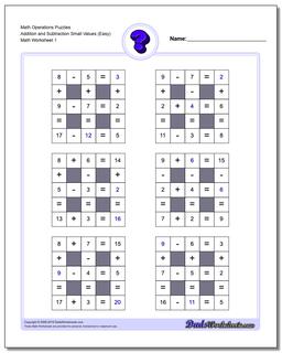 Number Grid Puzzle Math Operations Addition and Subtraction Small Values (Easy)
