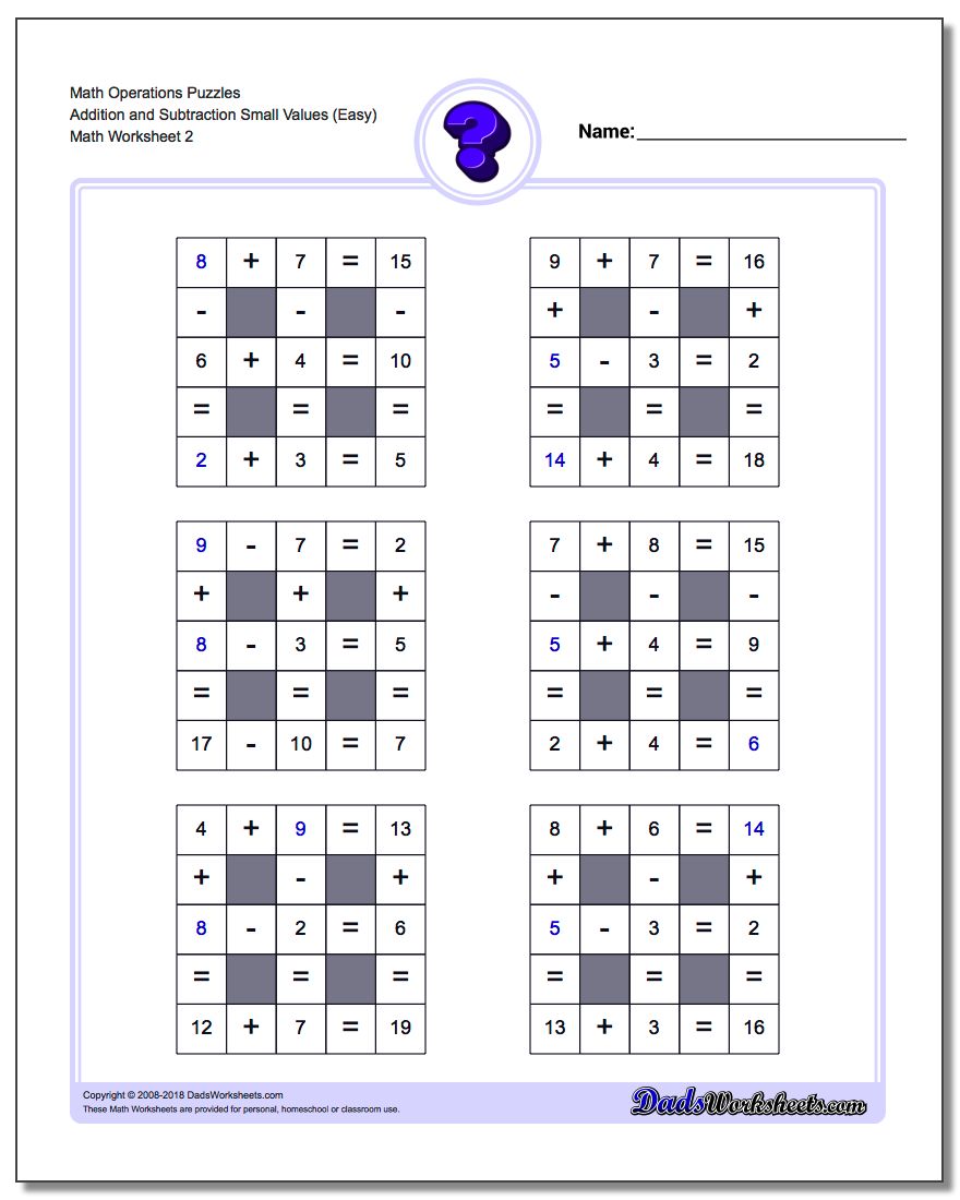 Math Operations Puzzle Addition and Subtraction Small Values (Easy) www.dadsworksheets.com/worksheets/number-grid-puzzles.html