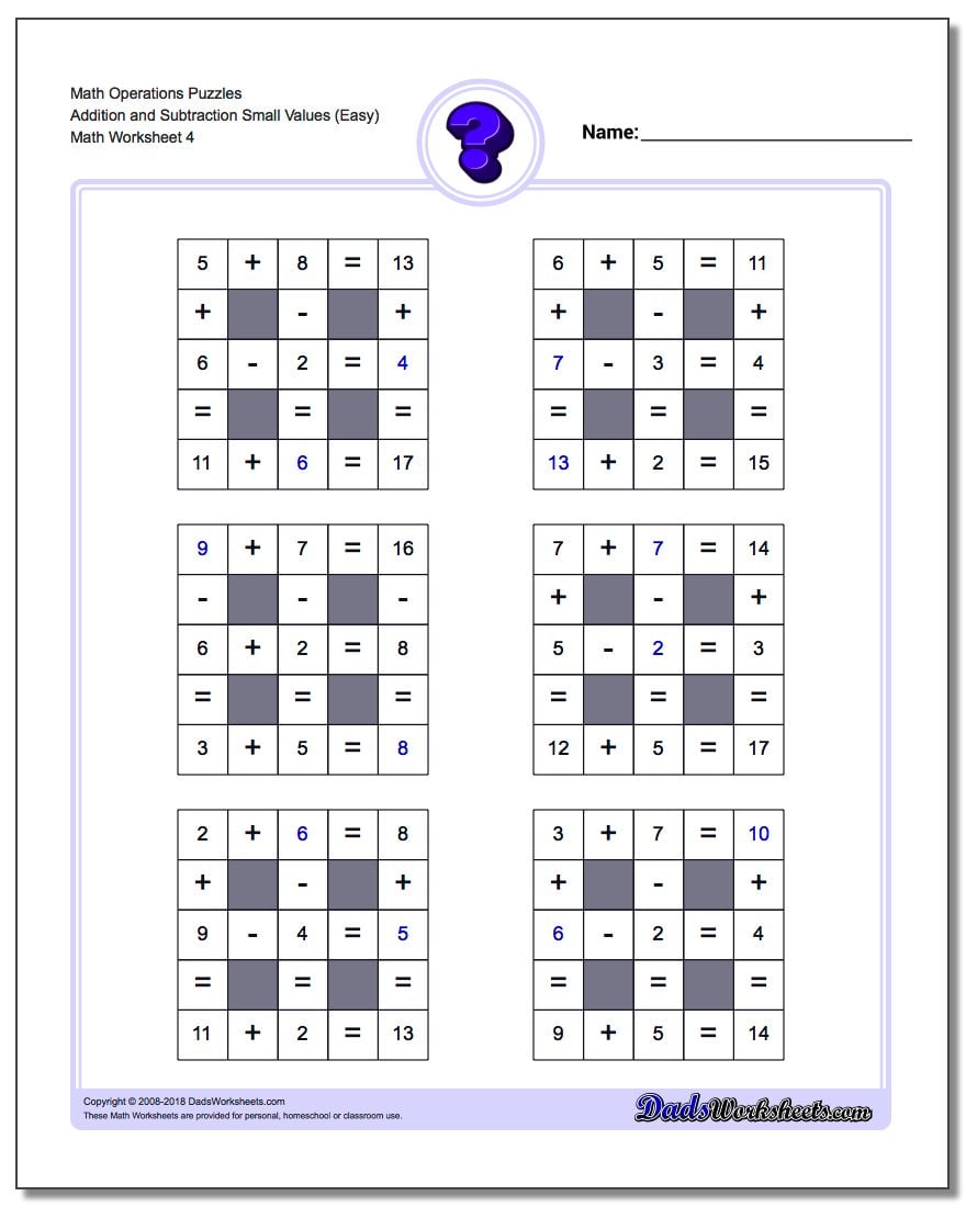 Math Operations Puzzle Addition and Subtraction Small Values (Easy)