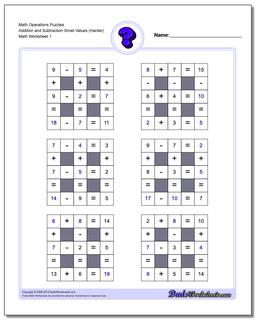 Number Grid Puzzle Math Operations Addition and Subtraction Small Values (Harder)