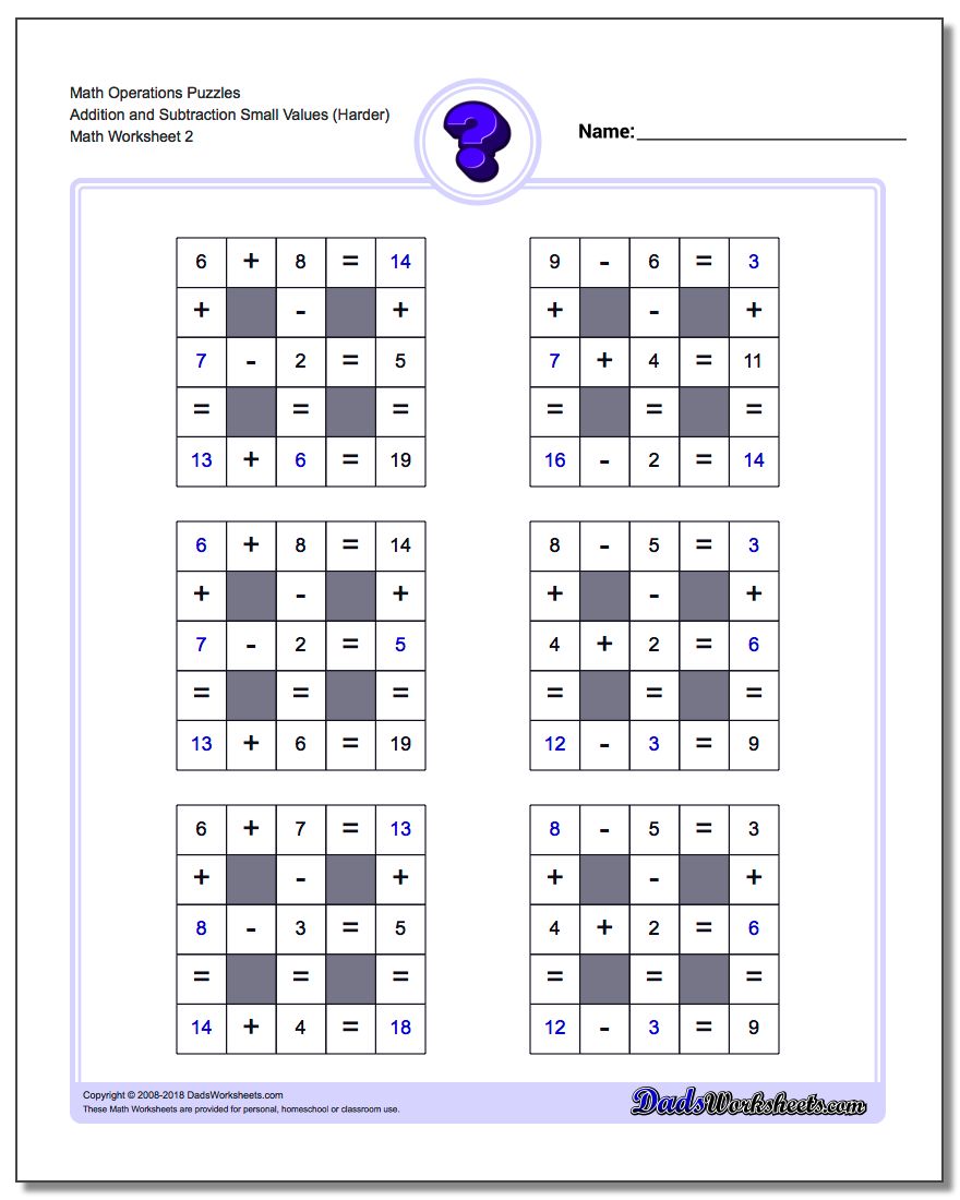 Math Operations Puzzle Addition and Subtraction Small Values (Harder) www.dadsworksheets.com/worksheets/number-grid-puzzles.html