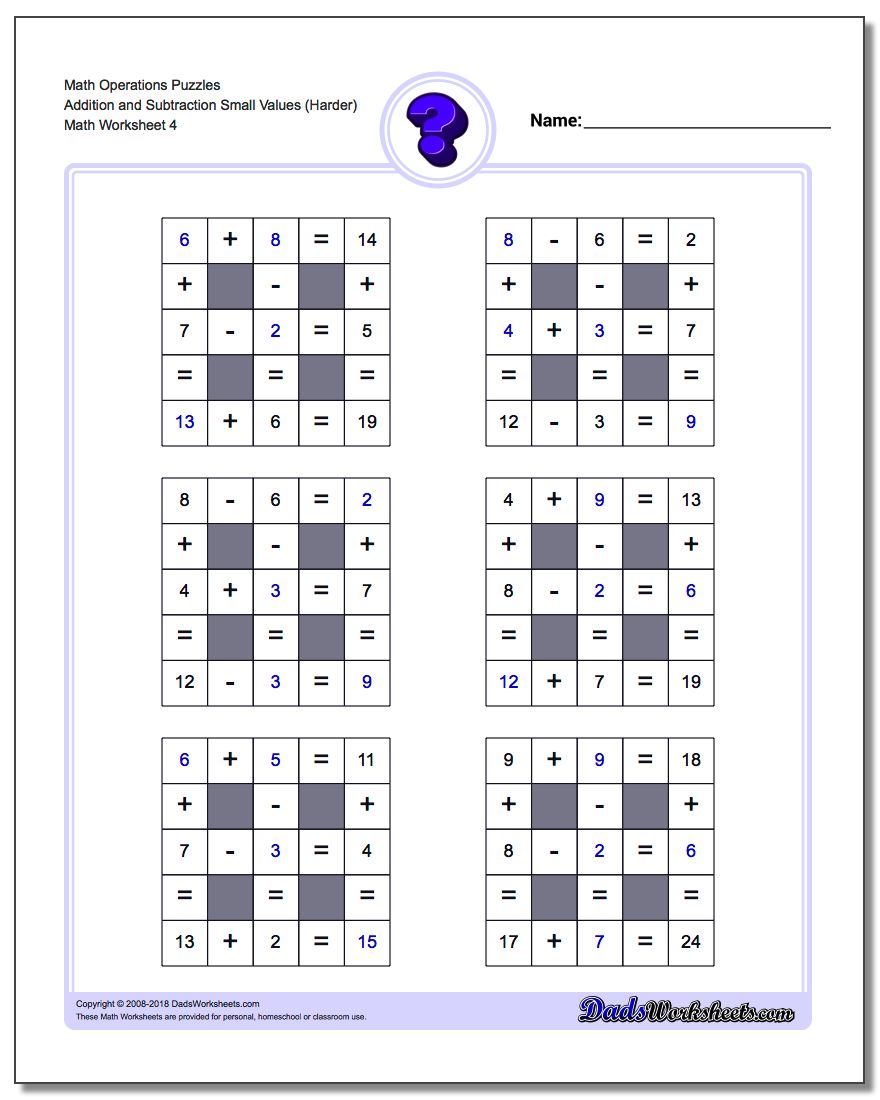 Math Operations Puzzle Addition and Subtraction Small Values (Harder)