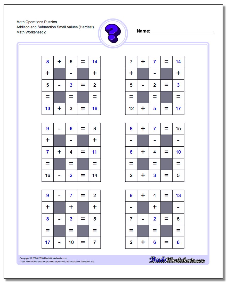 Math Operations Puzzle Addition and Subtraction Small Values (Hardest) www.dadsworksheets.com/worksheets/number-grid-puzzles.html