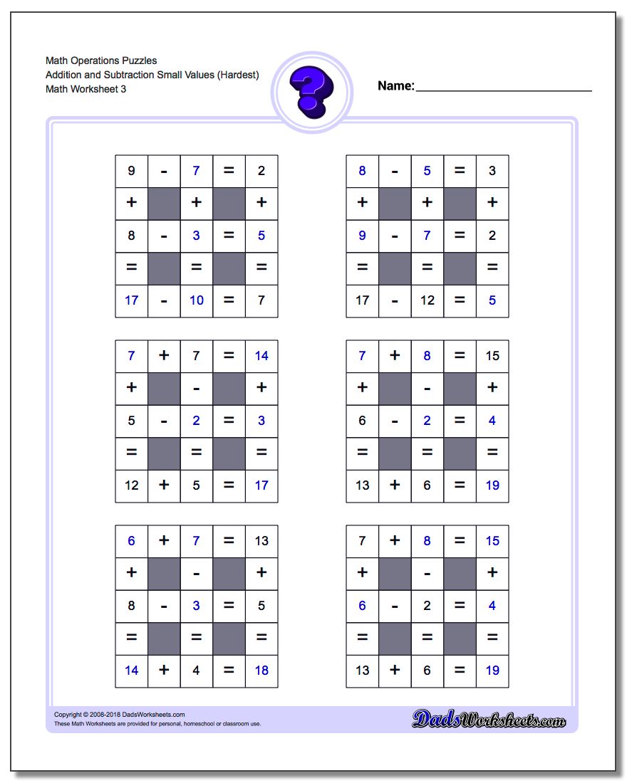 Math Operations Puzzle Addition and Subtraction Small Values (Hardest)