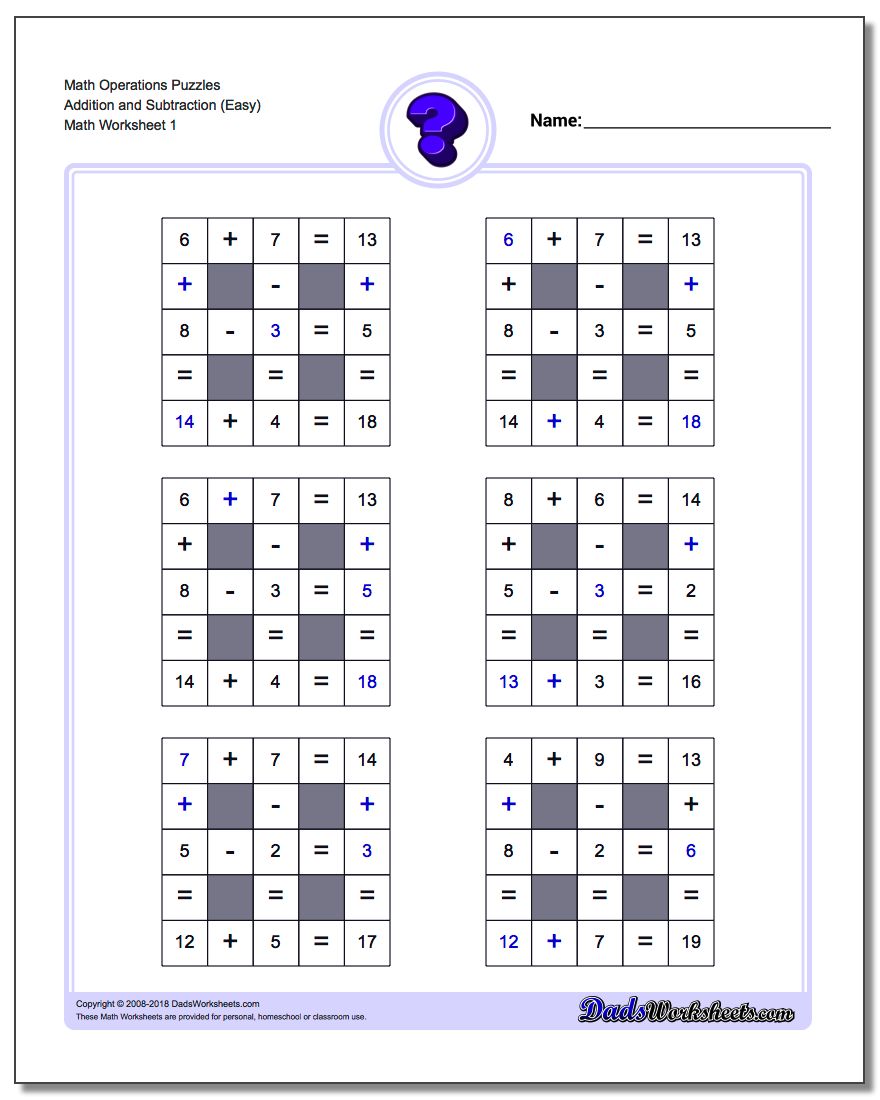 All Operations logic puzzles with Missing Values and Operations Small Numbers Number Grid Puzzle