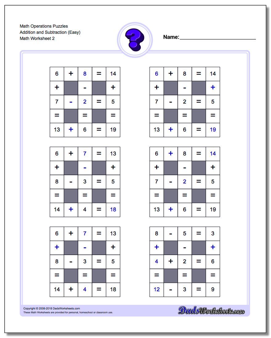 Math Operations Puzzle Addition and Subtraction (Easy) www.dadsworksheets.com/worksheets/number-grid-puzzles.html