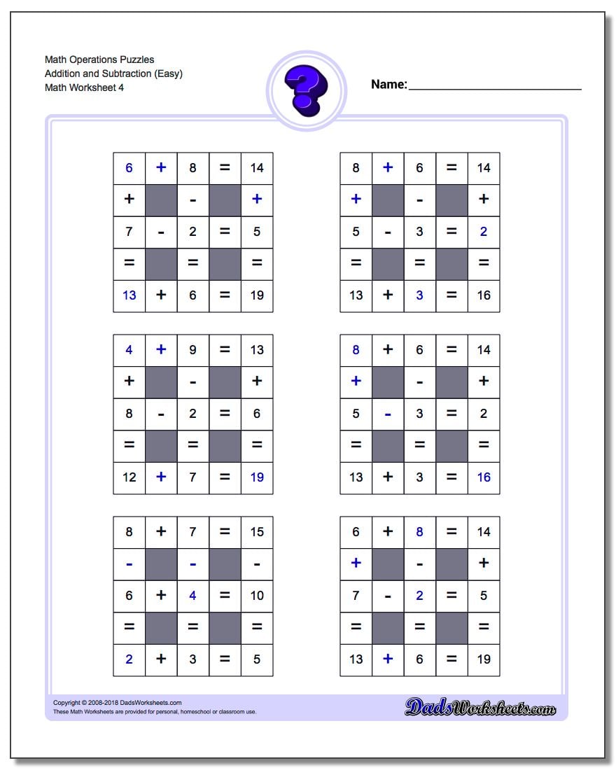 Math Operations Puzzle Addition and Subtraction (Easy)