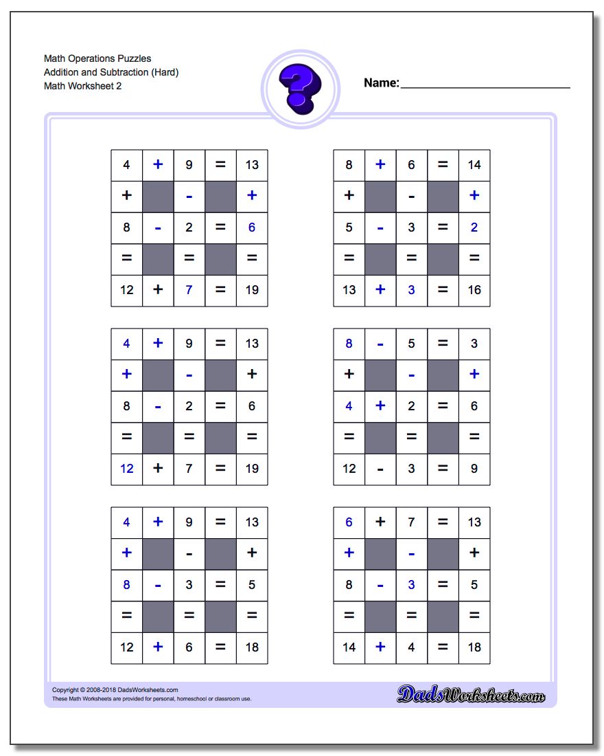 Math Operations Puzzle Addition and Subtraction (Hard) www.dadsworksheets.com/worksheets/number-grid-puzzles.html