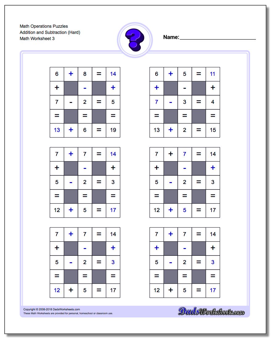 Math Operations Puzzle Addition and Subtraction (Hard)