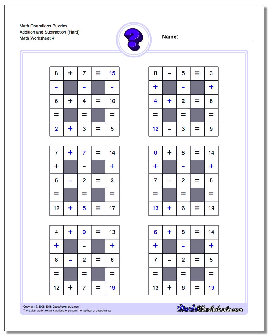 Math Operations Puzzle Addition and Subtraction (Hard)