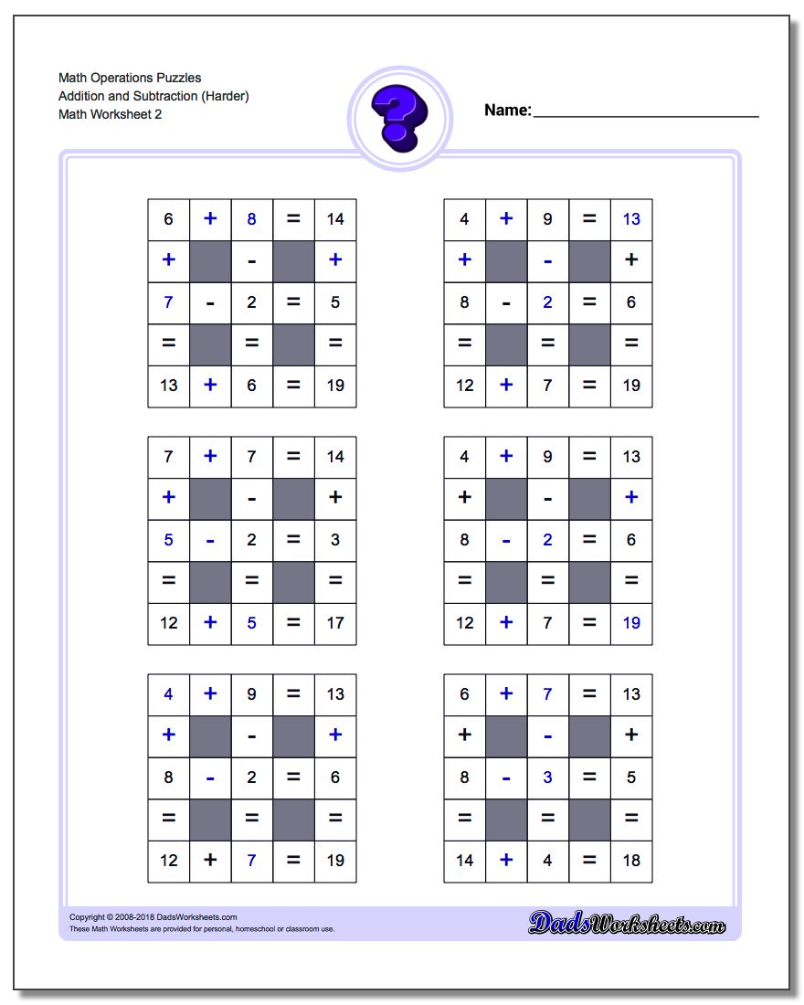 Math Operations Puzzle Addition and Subtraction (Harder) www.dadsworksheets.com/worksheets/number-grid-puzzles.html