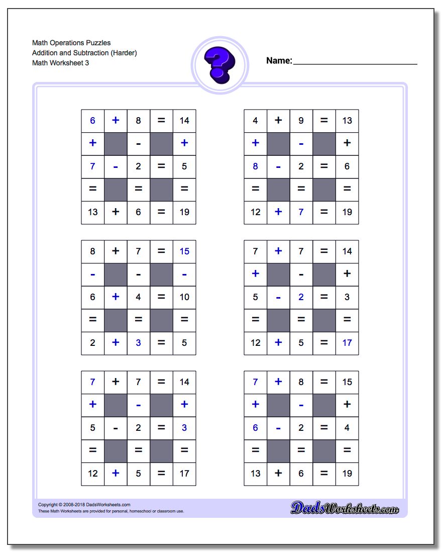 Math Operations Puzzle Addition and Subtraction (Harder)