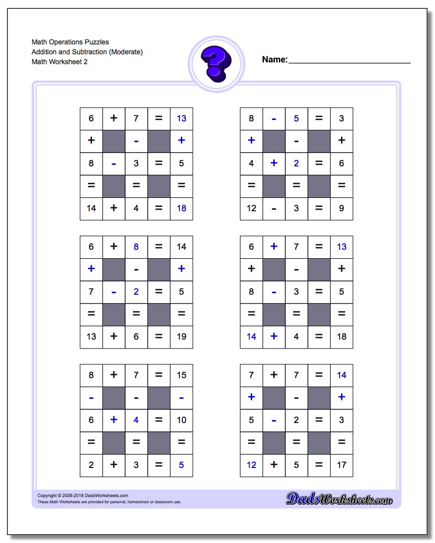 Math Operations Puzzle Addition and Subtraction (Moderate) www.dadsworksheets.com/worksheets/number-grid-puzzles.html