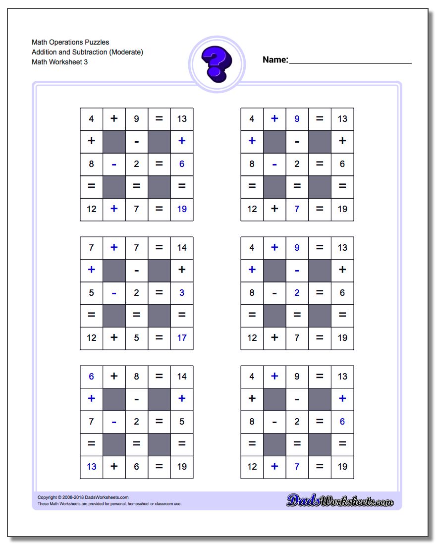Math Operations Puzzle Addition and Subtraction (Moderate)