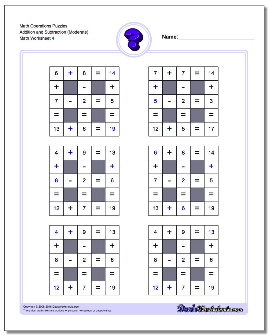 Math Operations Puzzle Addition and Subtraction (Moderate)