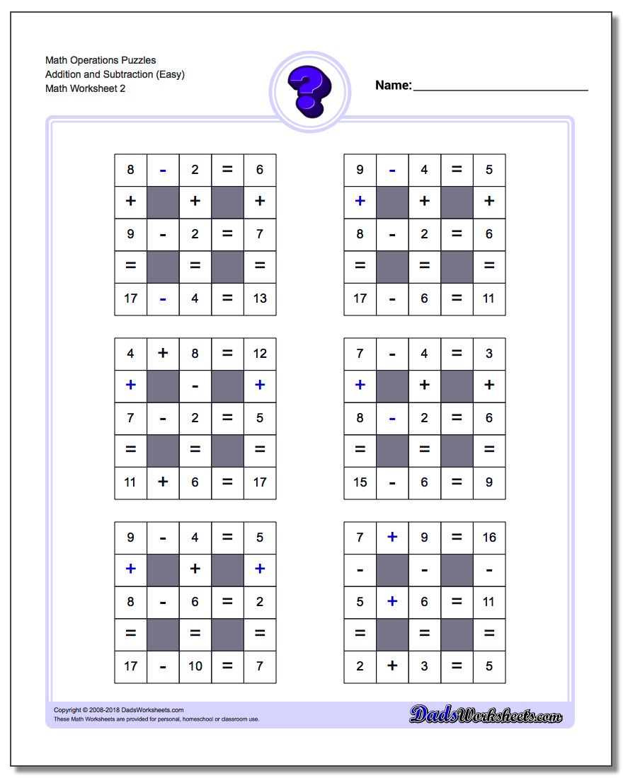 Math Operations Puzzle Addition and Subtraction (Easy) www.dadsworksheets.com/worksheets/number-grid-puzzles.html