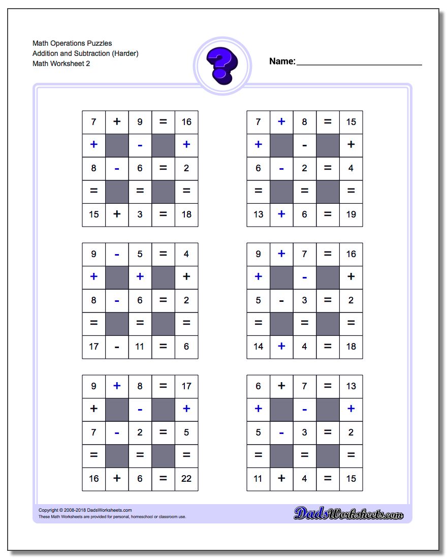 Math Operations Puzzle Addition and Subtraction (Harder) www.dadsworksheets.com/worksheets/number-grid-puzzles.html