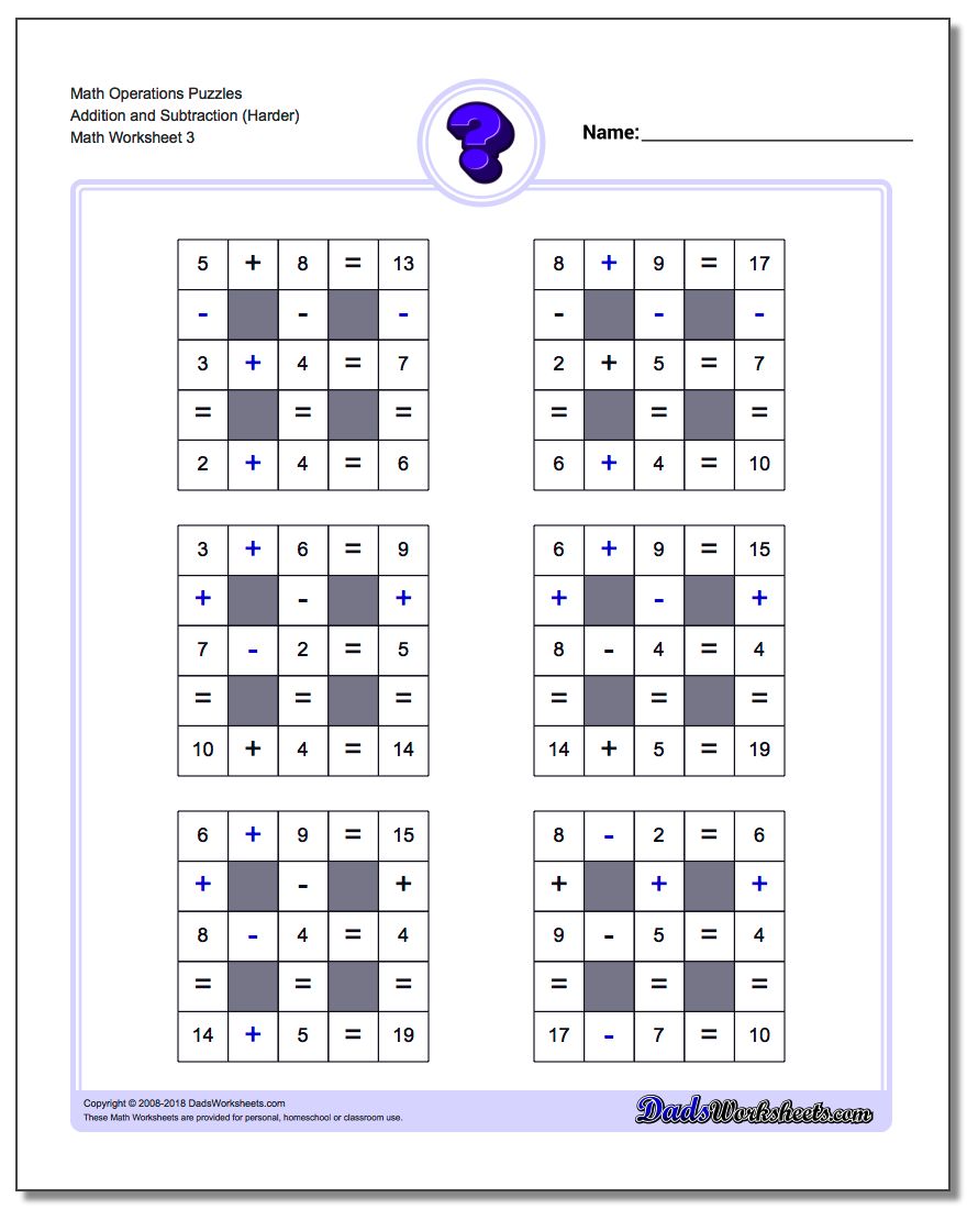 Math Operations Puzzle Addition and Subtraction (Harder)