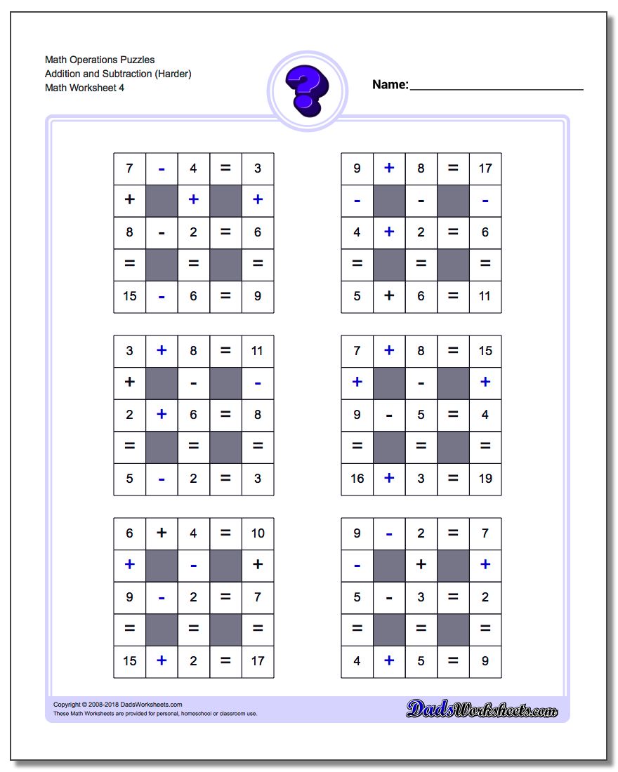 Math Operations Puzzle Addition and Subtraction (Harder)