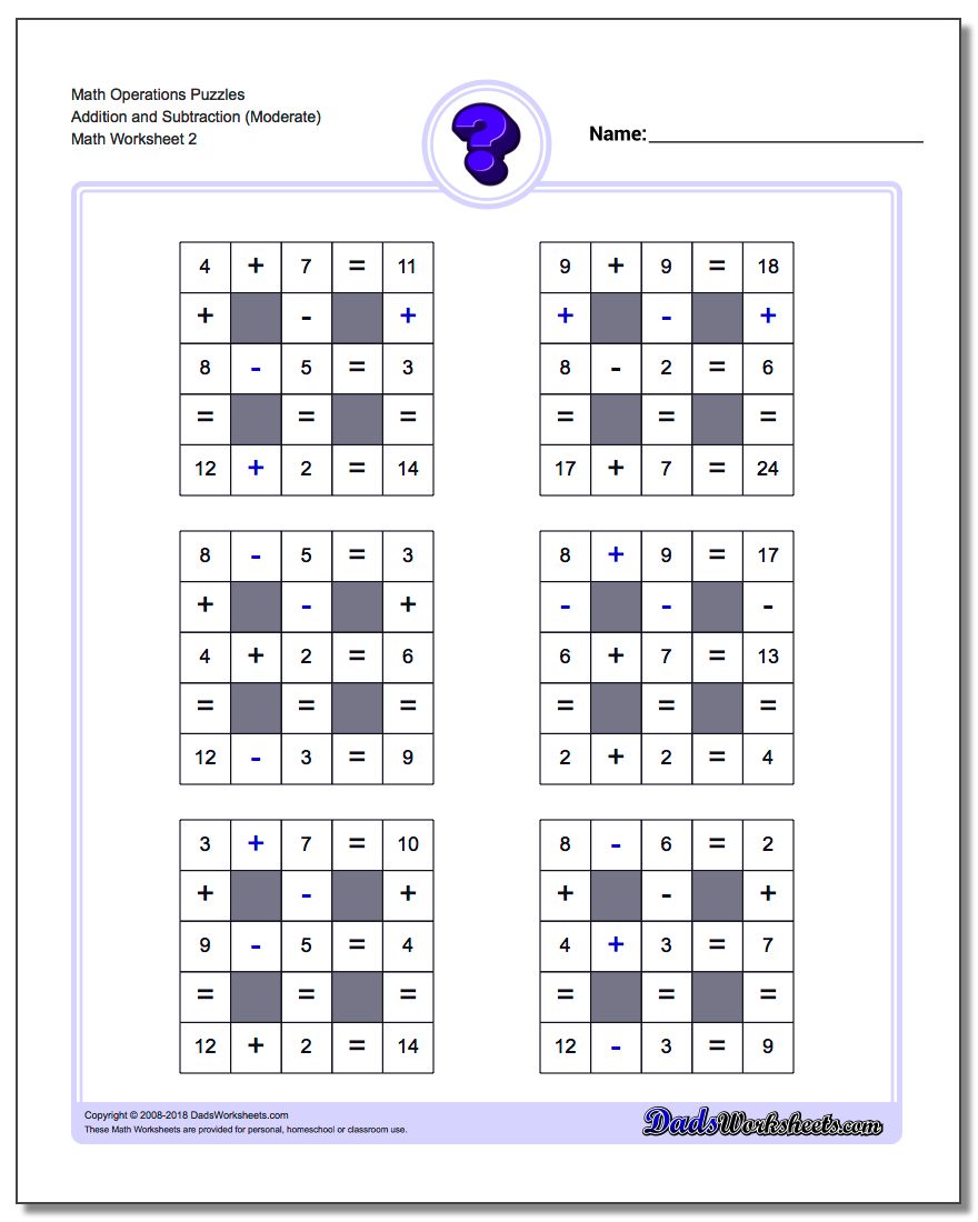 Math Operations Puzzle Addition and Subtraction (Moderate) www.dadsworksheets.com/worksheets/number-grid-puzzles.html