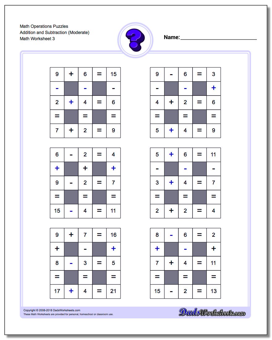 Math Operations Puzzle Addition and Subtraction (Moderate)