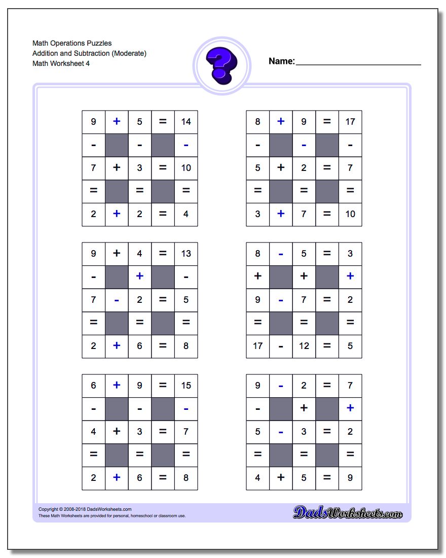 Math Operations Puzzle Addition and Subtraction (Moderate)