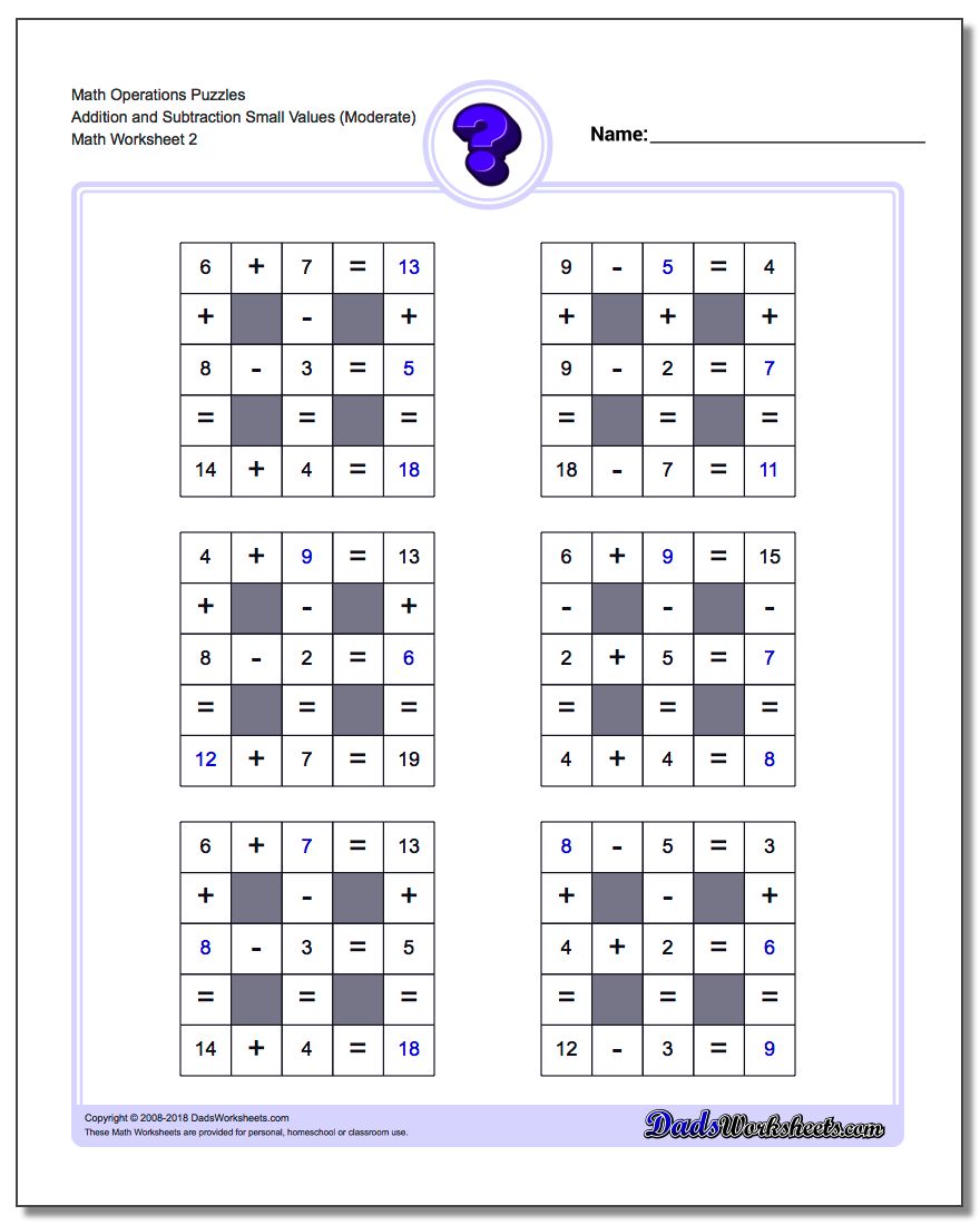 Math Operations Puzzle Addition and Subtraction Small Values (Moderate) www.dadsworksheets.com/worksheets/number-grid-puzzles.html